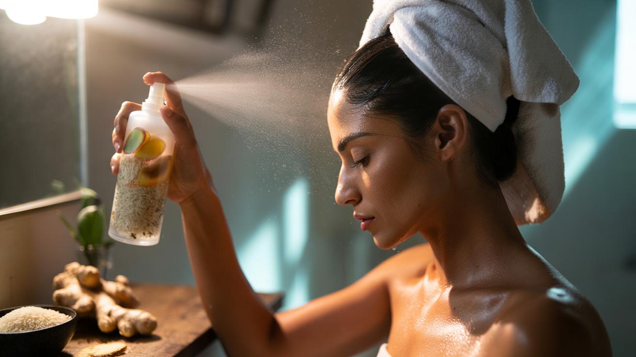 Illustration of a person misting a rice water and ginger spray onto the scalp while using gentle heat to boost blood flow