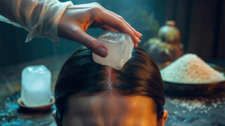 Illustration of rice water ice cubes applied to an itchy scalp to calm inflammation