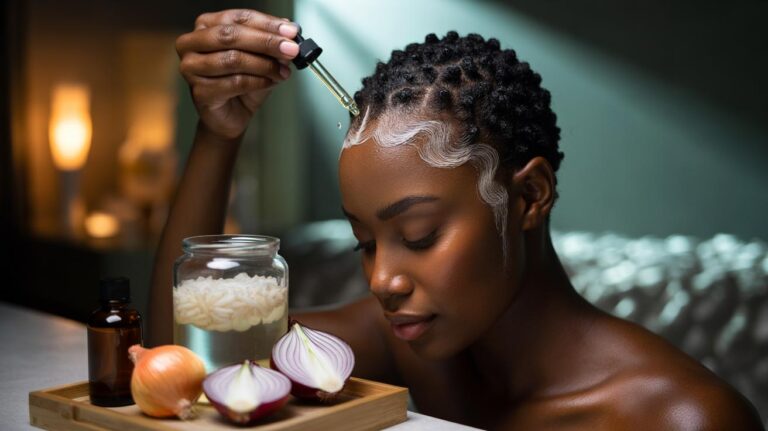 Illustration of rice water and onion juice rinse being applied to thinning hairline edges