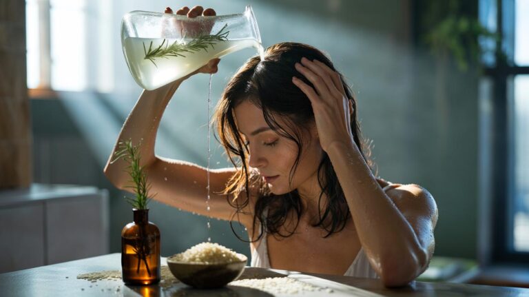 Illustration of rice water and rosemary prepared as a hair rinse to help reduce hair thinning