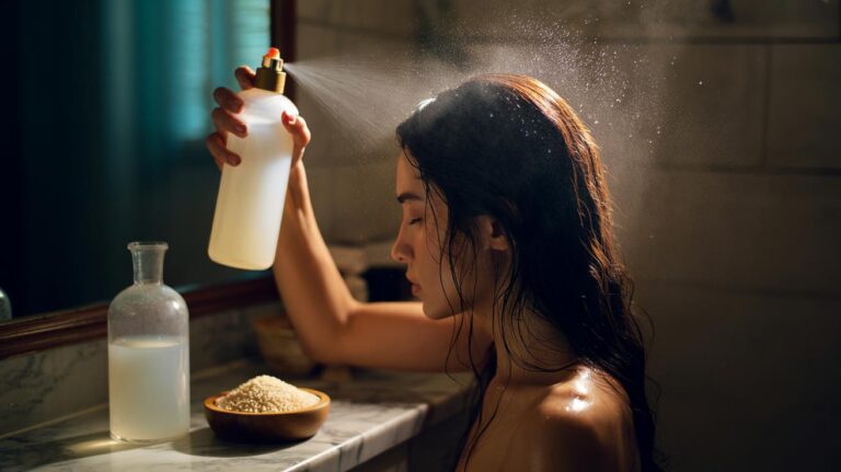 Illustration of rice water in a spray bottle being applied to the scalp and hair to curb shedding, highlighting inositol’s root-strengthening effect