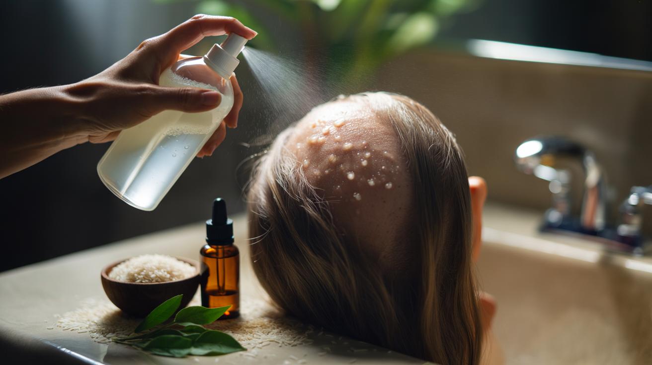 Illustration of a rice water and tea tree scalp spray used to clear hair follicles and treat scalp acne