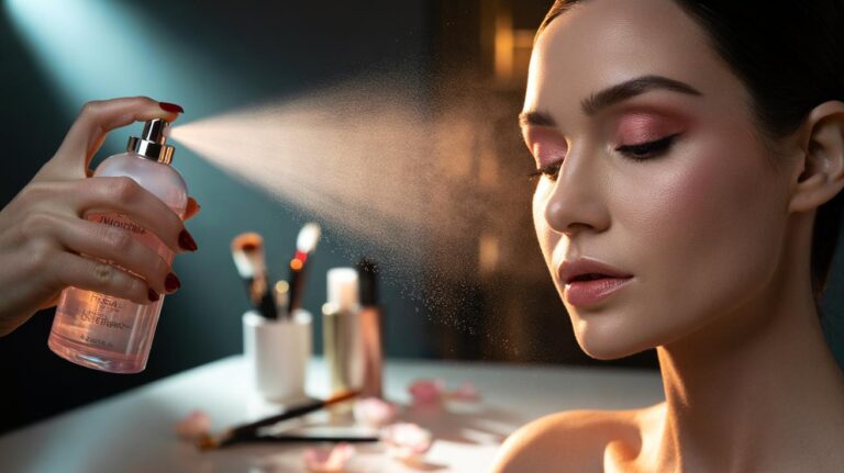 Illustration of rosewater setting spray being misted over a finished makeup look, hydrating the skin without smudging