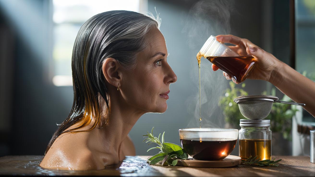 Illustration of a sage tea hair rinse being applied to grey roots to provide temporary coverage using plant tannins