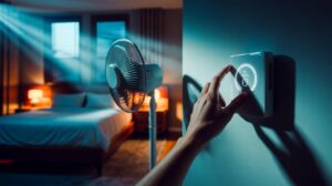 Illustration of [a hand raising a smart thermostat’s night-time set-point by 1°C in a bedroom, with a fan running, to reduce cooling energy use]