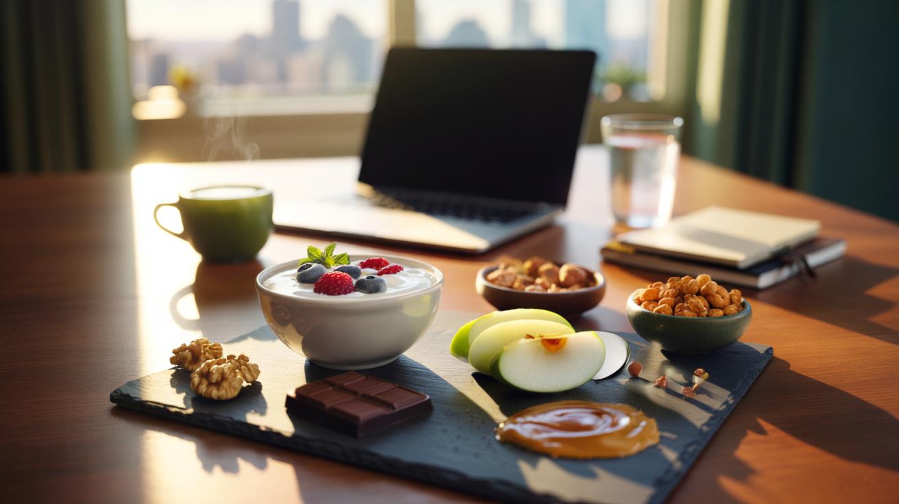 Illustration of smart snack swaps for focus—green tea, water, nuts, Greek yoghurt with berries, apple with peanut butter, dark chocolate with walnuts, and roasted chickpeas on a work desk