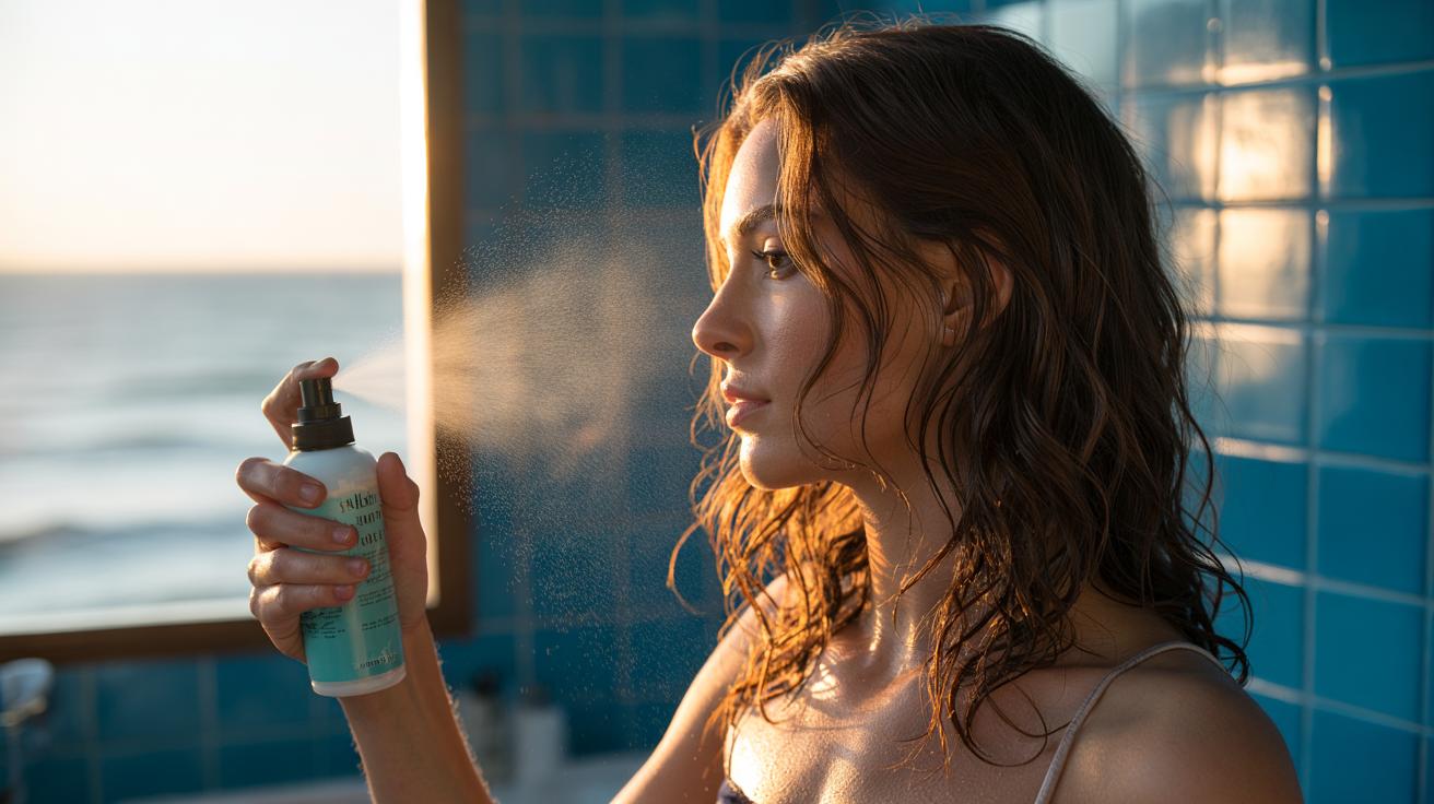 Illustration of sea salt spray being applied to hair to create soft, beachy waves without drying