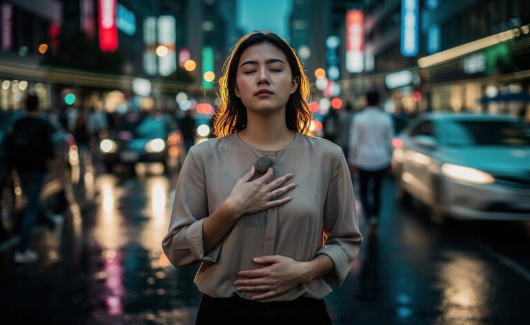 Illustration of psychologist-recommended instant calm techniques, including the physiological sigh, paced breathing, grounding, progressive muscle relaxation, and emotion labelling