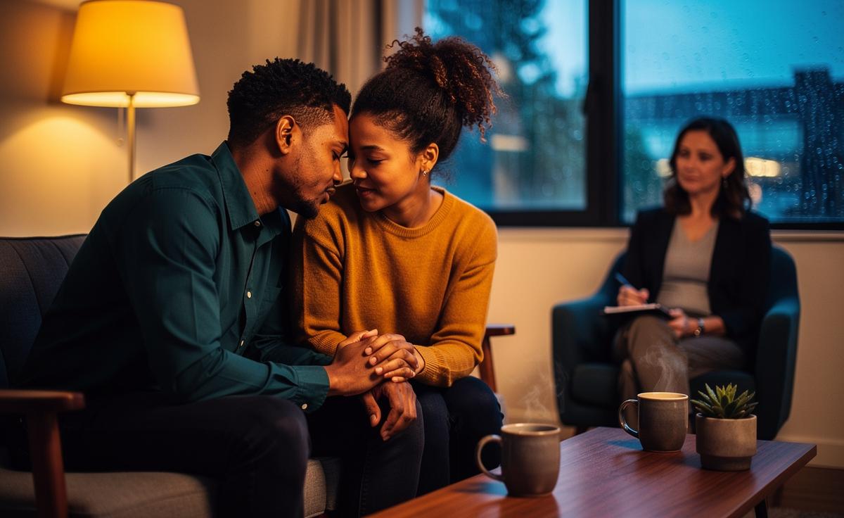 Illustration of a couples therapy session focused on building a long-lasting relationship