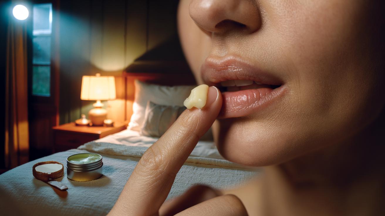 Illustration of shea butter being applied to lips at bedtime to hydrate, soften, and naturally plump them overnight