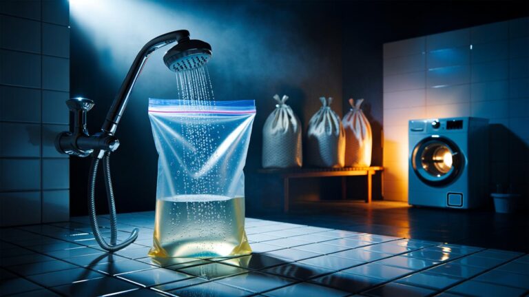 Illustration of a showerhead tied inside a vinegar-filled bag overnight and a three-bag laundry system labelled Darks/Colours, Lights/Whites, and Synthetics