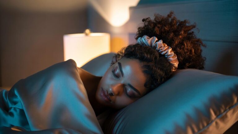 Illustration of a person with curly hair secured in a high pineapple using a silk scrunchie at bedtime to protect curls, reduce frizz, and prevent breakage