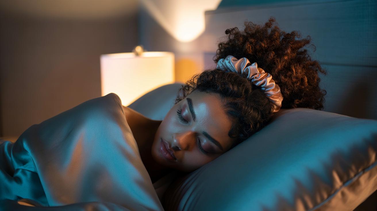 Illustration of a person with curly hair secured in a high pineapple using a silk scrunchie at bedtime to protect curls, reduce frizz, and prevent breakage