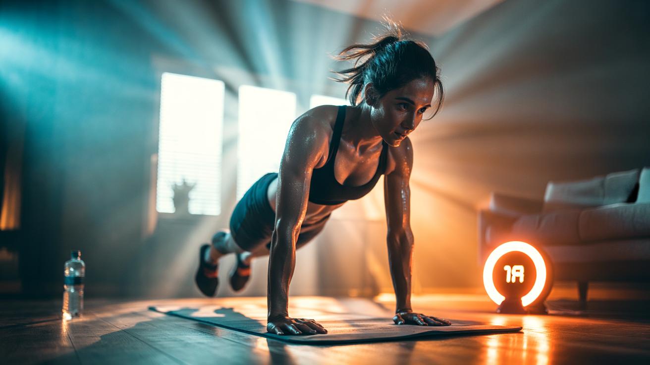 Illustration of a simple 18-minute bodyweight HIIT circuit proven in trials to burn up to 300% more fat