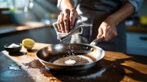 Illustration of coarse salt used as an abrasive scrub to lift burnt-on residue from a pan