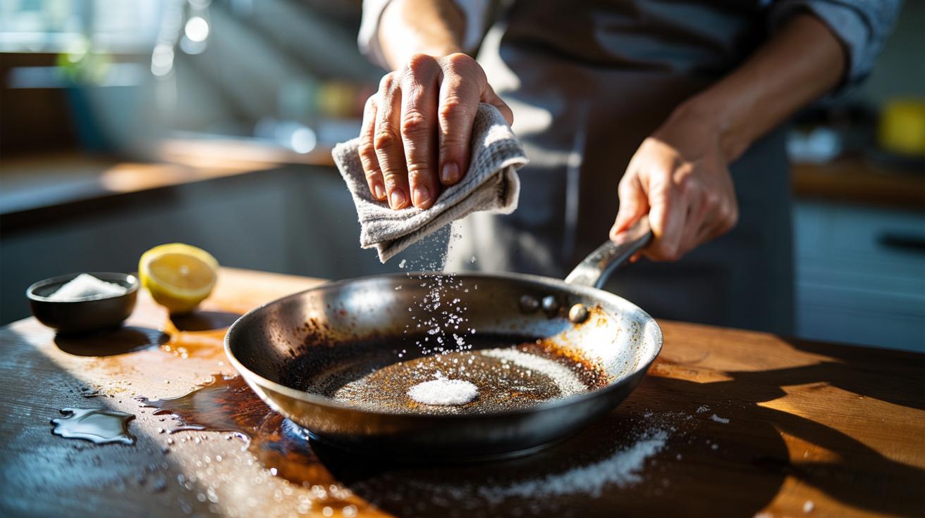 Illustration of coarse salt used as an abrasive scrub to lift burnt-on residue from a pan