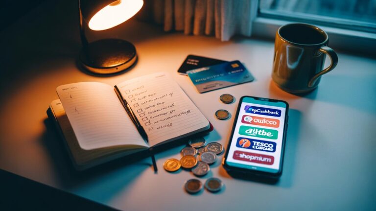 Illustration of a Sunday brain dump notebook next to a smartphone showing UK cashback apps stacking to earn about £350 per month in 2025