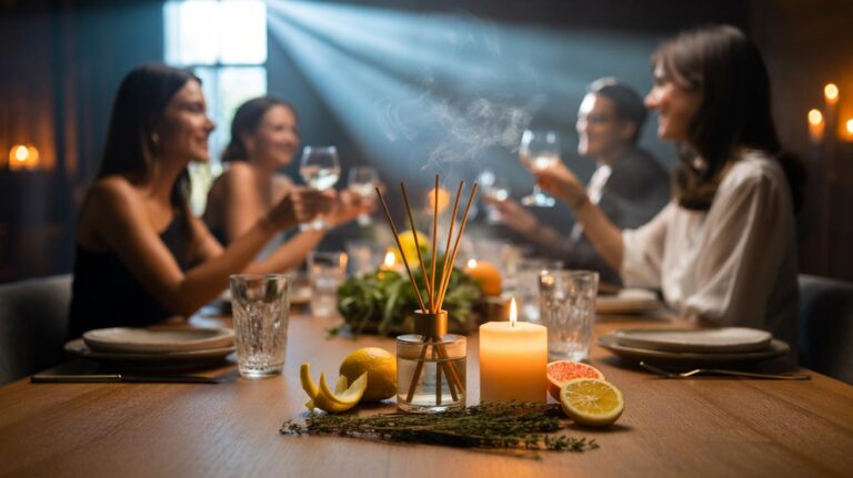 Illustration of a dinner party atmosphere shaped by a subtle, curated scent-scape that complements the menu