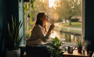 Illustration of plants enhancing mental health through indoor greenery, mindful care, and access to urban green spaces
