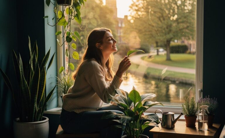 Illustration of plants enhancing mental health through indoor greenery, mindful care, and access to urban green spaces