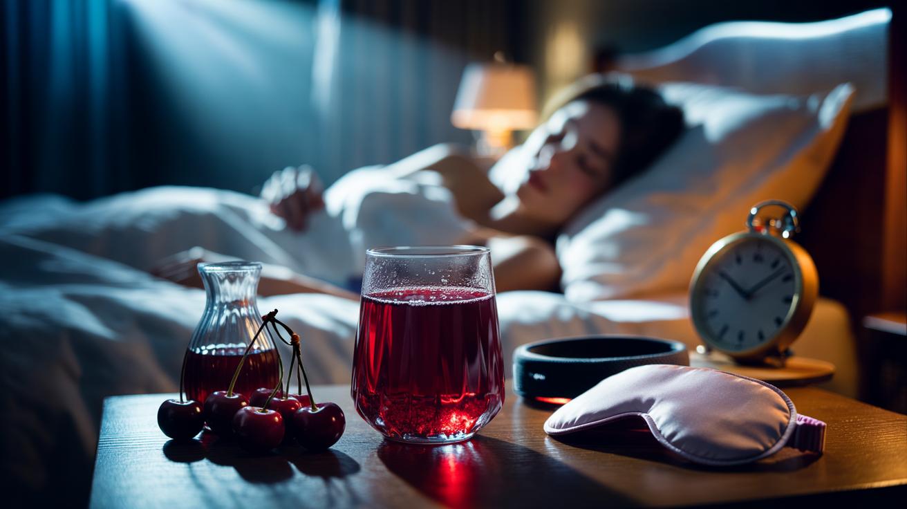 Illustration of a glass of tart cherry juice on a bedside table at night