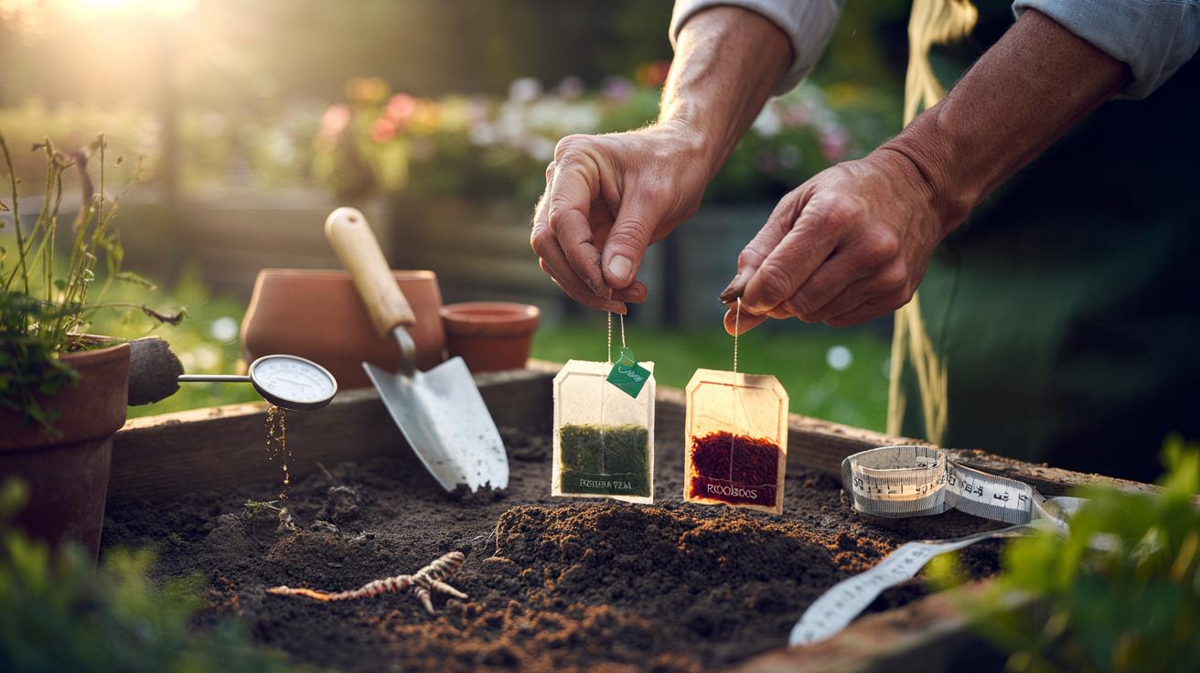 Illustration of a gardener burying green and rooibos teabags in garden soil to perform a teabag decomposition test for nutrient availability