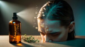 Illustration of a thyme oil antimicrobial scalp spray targeting Malassezia dandruff