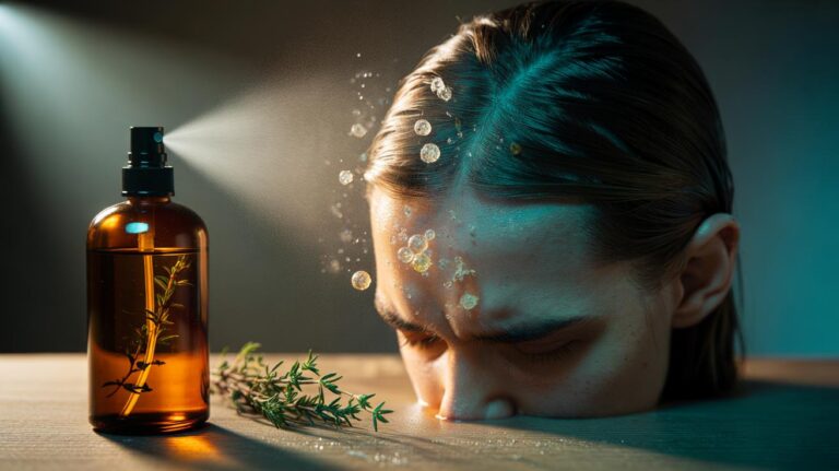 Illustration of a thyme oil antimicrobial scalp spray targeting Malassezia dandruff