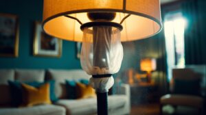 Illustration of a vacuum nozzle covered with tights gently cleaning a fabric lampshade without spreading dust