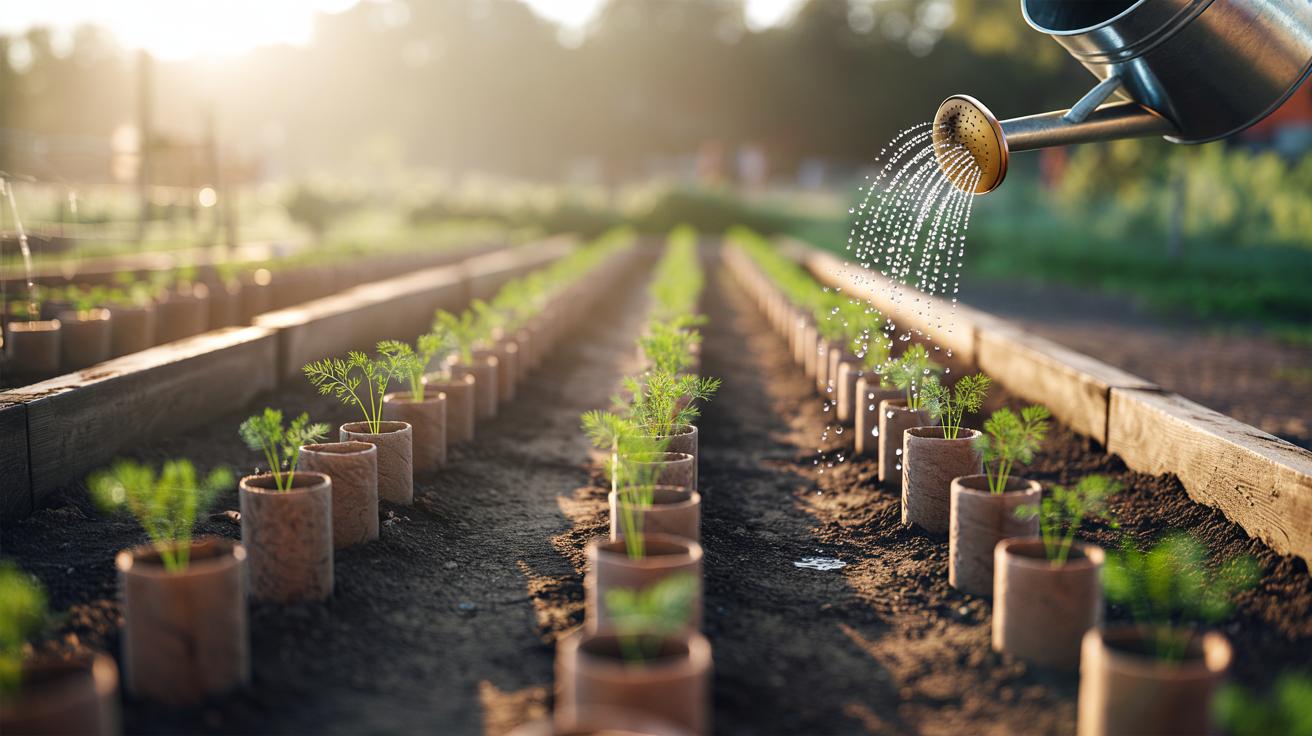 Illustration of toilet roll collars placed around carrot seedlings in a garden bed to promote straight root growth