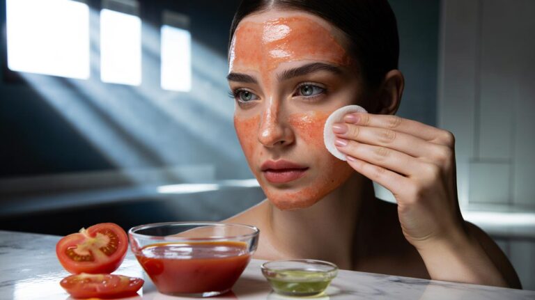 Illustration of a person applying a tomato juice face mask to the T‑zone to reduce oiliness and control sebum with lycopene
