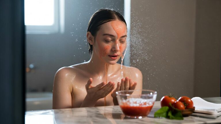 Illustration of a chilled tomato juice splash used as a mattifying skincare rinse to control oily skin through lycopene