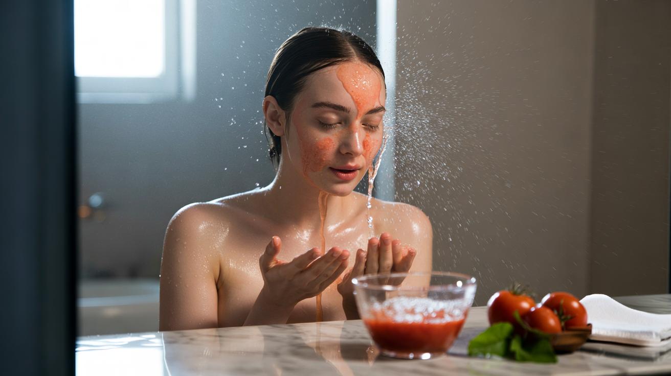 Illustration of a chilled tomato juice splash used as a mattifying skincare rinse to control oily skin through lycopene