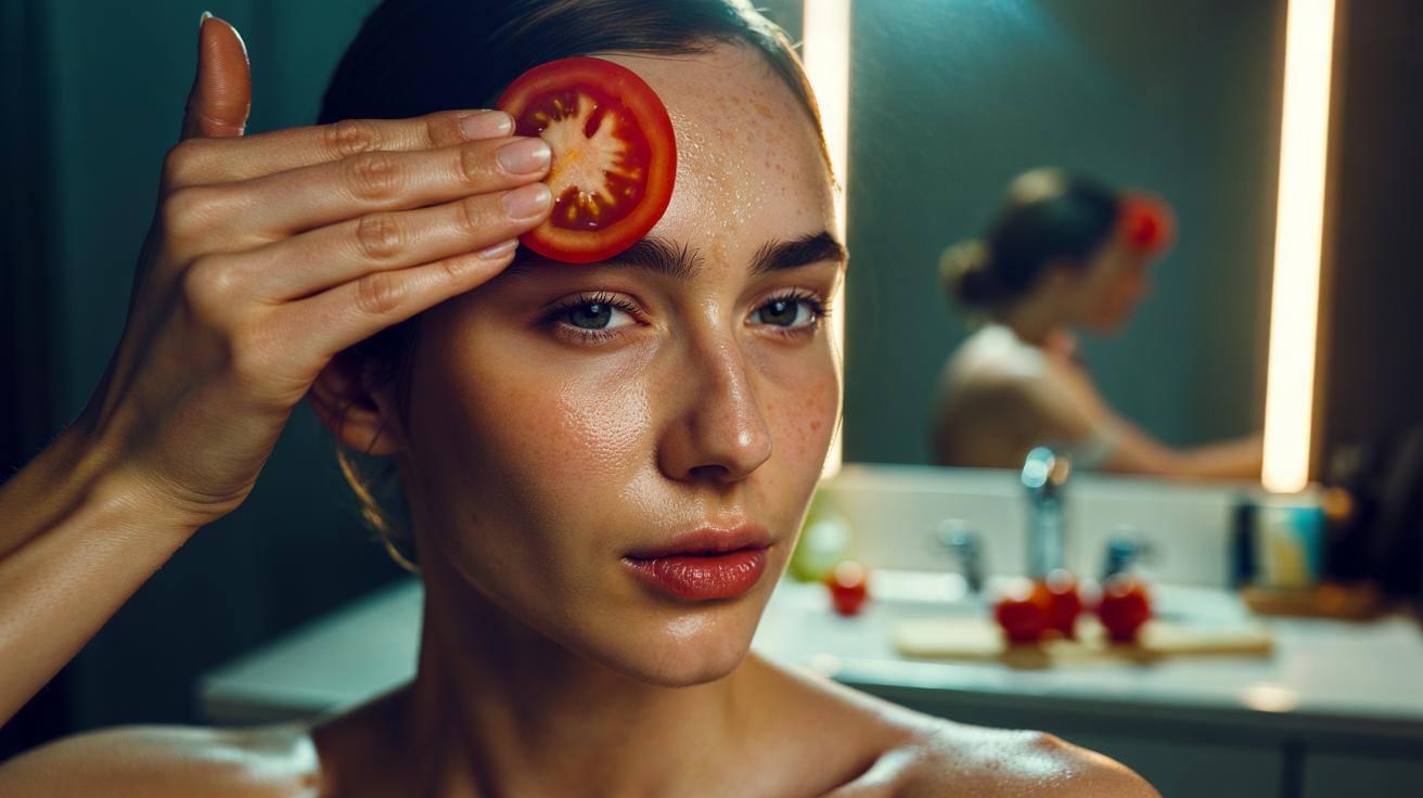 Illustration of a tomato slice being rubbed on the forehead to control oily shine by balancing sebum with lycopene