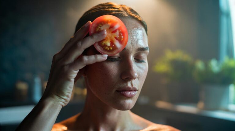 Illustration of a person gently rubbing a chilled, lycopene-rich tomato slice across an oily forehead to control shine