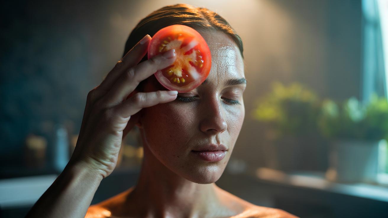 Illustration of a person gently rubbing a chilled, lycopene-rich tomato slice across an oily forehead to control shine