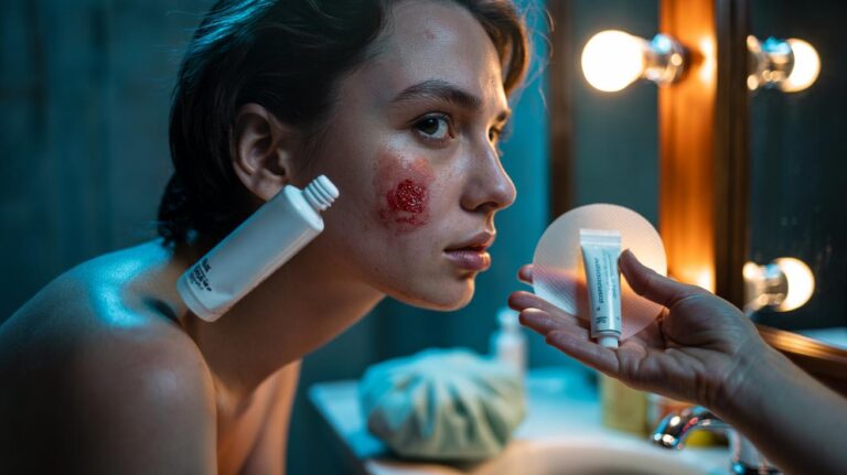 Illustration of a close-up of a person with a facial blemish choosing between a dab of toothpaste and dermatologist-approved spot treatments