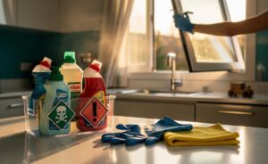 Illustration of common household cleaning chemicals with hazard pictograms, protective gloves, and safe storage