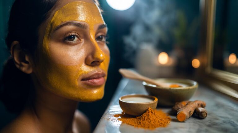 Illustration of a turmeric and milk face mask aimed at evening skin tone overnight, with curcumin-rich golden paste in a bowl and gentle application to the face