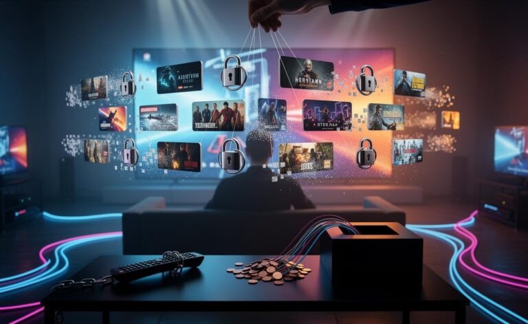 Illustration of the ugly truth about streaming: opaque payouts, algorithmic gatekeeping, DRM-locked libraries, disappearing catalogues, and rising subscription prices