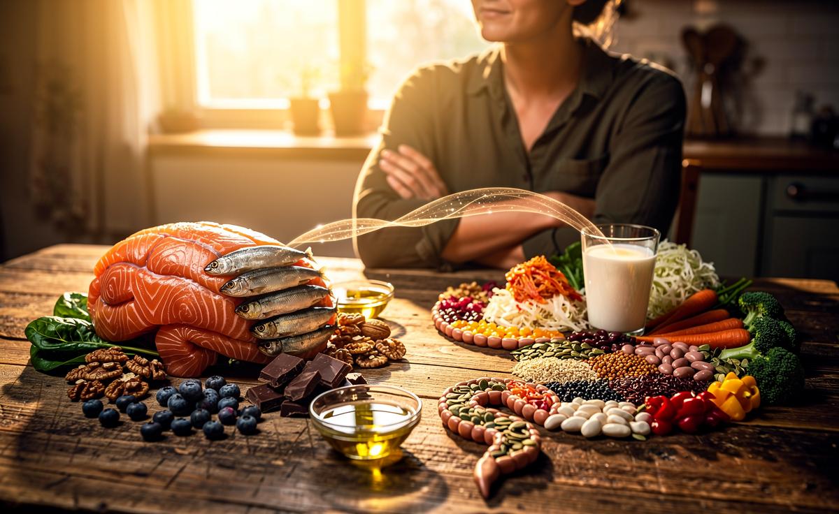 Illustration of the link between diet and mood via the gut–brain axis, with omega‑3‑rich fish, fermented foods, fibre‑rich plants, nuts, berries, and whole grains