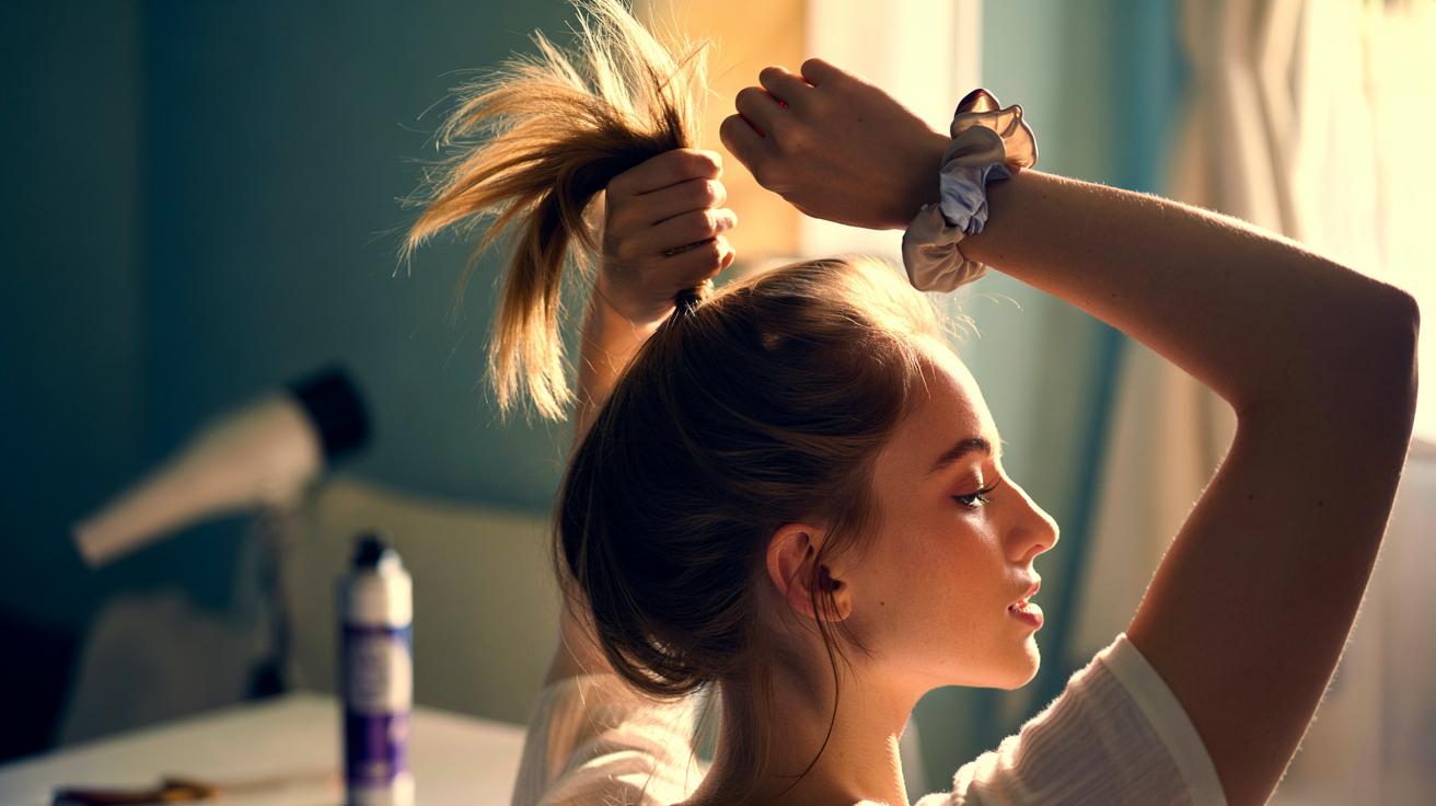 Illustration of a person flipping their head upside down to secure a loose high ponytail, creating instant root volume without heat