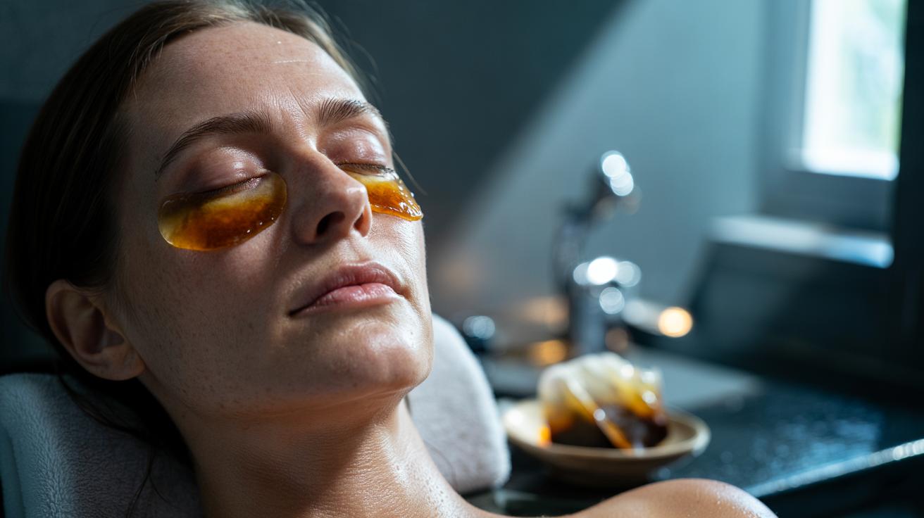 Illustration of used black tea bags placed under the eyes to shrink bags through tannins and caffeine