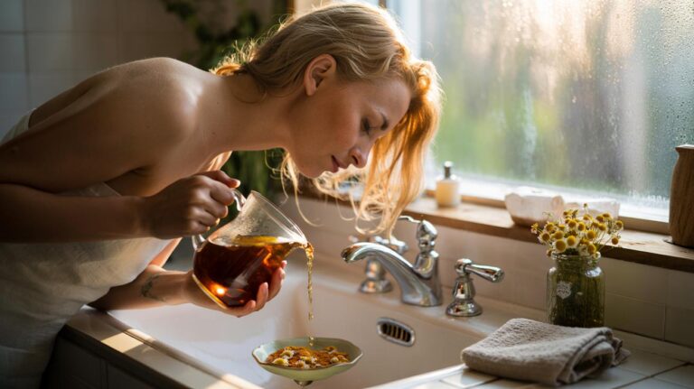 Illustration of a blonde-haired person applying a rinse made from used chamomile tea bags to brighten hair with golden highlights