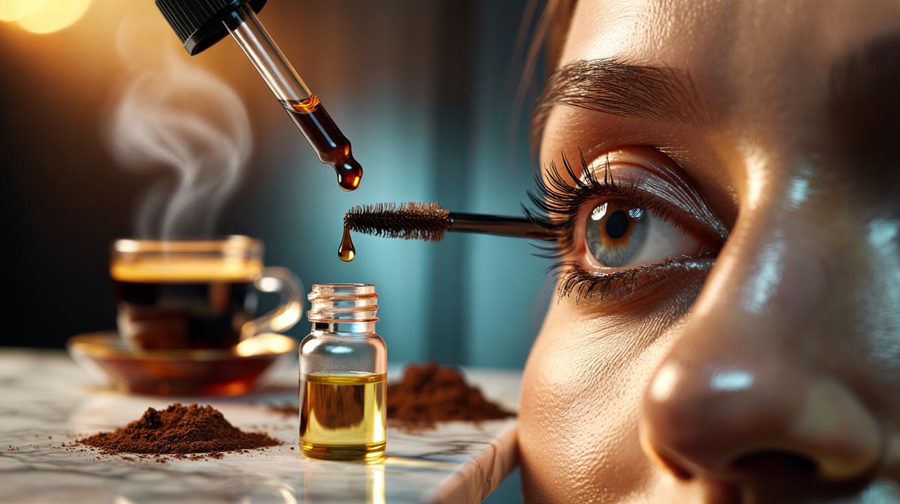 Illustration of used coffee caffeine tonic and castor oil applied with a sterile spoolie along the lash line to support eyelash growth
