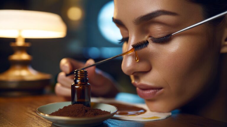 Illustration of applying a coffee-infused oil lash mask with a clean spoolie along the upper lash line at night, with used coffee grounds and an amber dropper bottle nearby