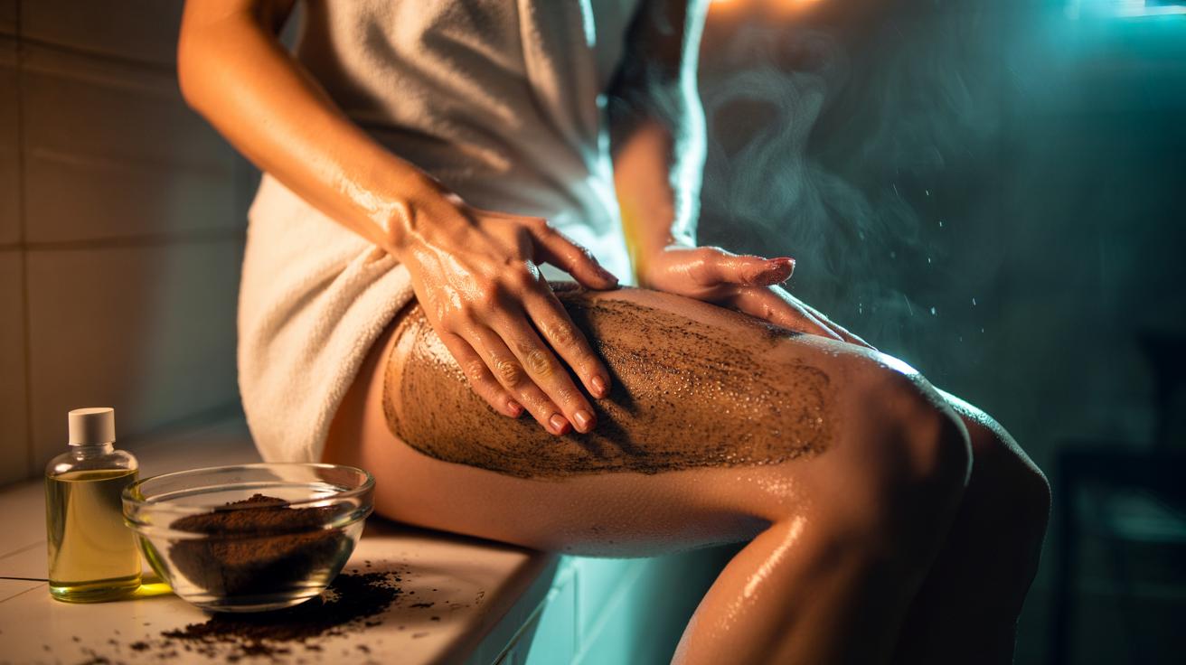 Illustration of a used coffee grounds scrub being massaged onto dark inner thighs to boost circulation and brighten skin