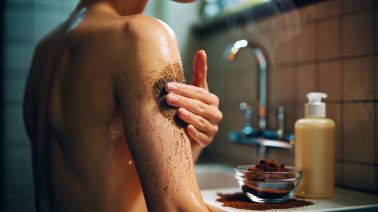 Illustration of used coffee grounds being massaged onto bumpy upper arms to smooth keratin plugs