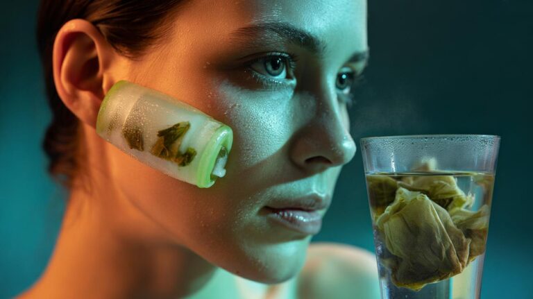 Illustration of a person gliding a used green tea ice roller along the cheekbones to de-puff and sculpt the face