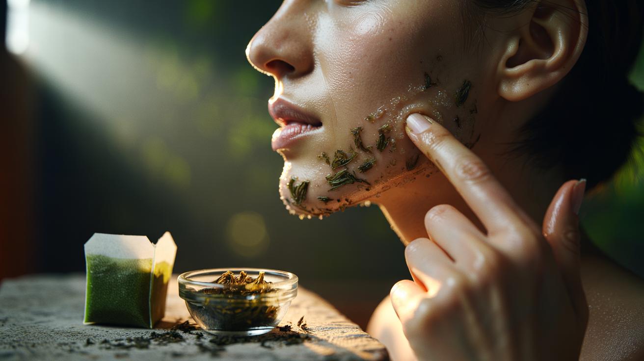 Illustration of a person massaging a used green tea and sugar scrub along the jawline for caffeine-assisted de-puffing and lymphatic drainage